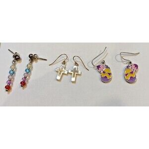 Lot of 3 Pair of Easter Spring Earrings, Cross, Eggs, Spring